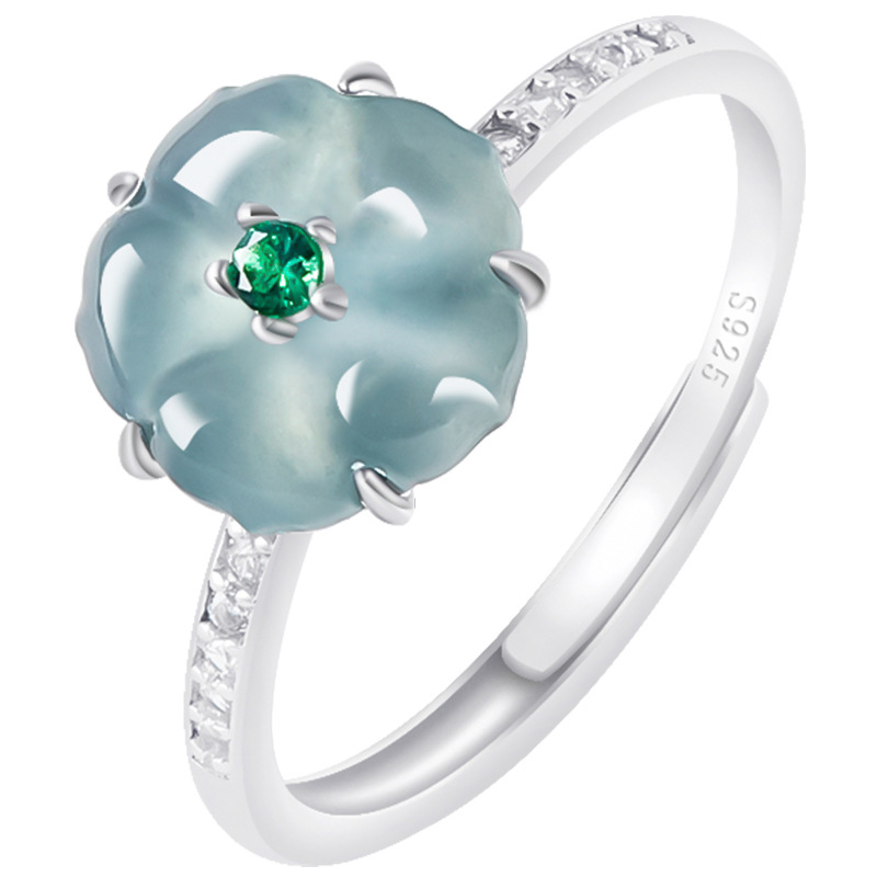 Women Accessories Gift - Blue Burmese Jadeite Flower Rings 925